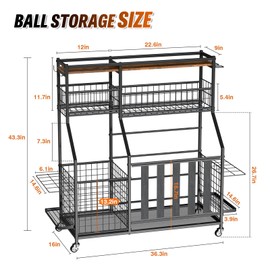 Holiwei Sports Equipment Organizer, Garage Ball Storage with Basket and Hooks, Ball Rack with Wheels for Toy Storage, Indoor/Outdoor