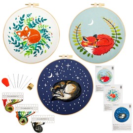 Crafmanoe Funny Embroidery Kits for Beginners Adults, Animal Stamped Counted Cross Stitch Kit for Beginners Adults, Cute Fox Hand Embroidery Needlepoint Kits, 3 Set Embroidery Hoops and Video Tutorial