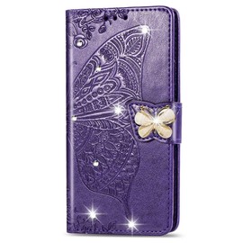 IMEIKONST Compatible with Redmi 13C Wallet Case with Card Holder, Diamond Leather Magnetic Flip Kickstand Shockproof Protection Cover for Redmi 13C. Cystal Butterfly Purple SD