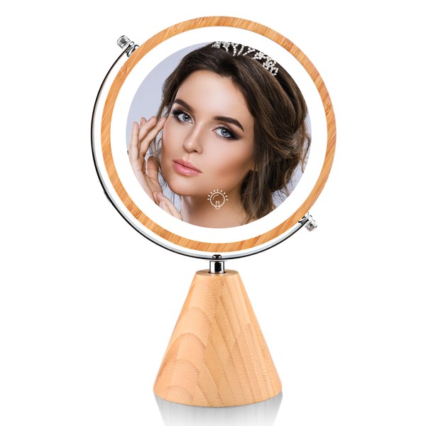 siwiey Makeup Mirror with Lights, 8" Bamboo Vanity Mirror, 1X/10X