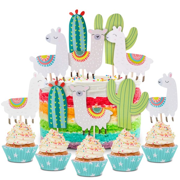 50 piezas de decoración para cupcakes con llamas y cactus, ideal para fiestas de cumpleaños, baby shower, decoración de fiesta de cumpleaños