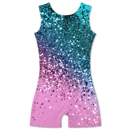 uideazone Leotards for Girls Gymnastics Kids Dance Unitards With Shorts Blue Pink Flash Biketards Sparkly Bling Sleeveless Athletic Bodysuits for 5-6 Years