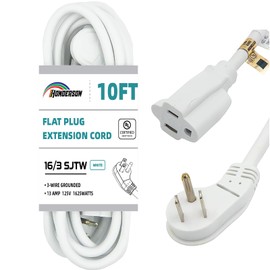 HONDERSON 10FT Extension Cord,Flat Plug 3 Prong Short Extension Cords,White 16 Gauge Heavy Duty Cable for Kitchen Home Appliance,UL Listed