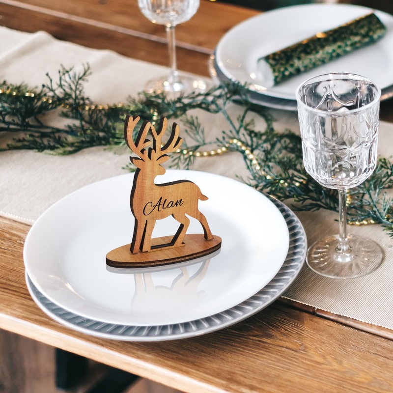 12 Pcs Christmas Groovy Reindeer Place Name Settings Wooden Table