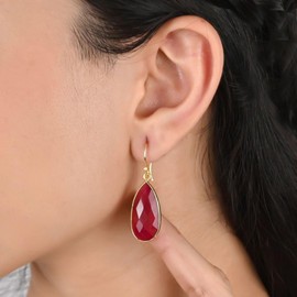 Gempires Ruby Dyed Quartz Faceted Long Pear Gemstone Drop Dangle Hook Earrings – 1.5-Inch Statement Jewelry, 14K Gold-Plated, Perfect Gift for Her (Ruby Dyed Quartz)