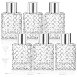 DynnnDy 6 Pcs 100ml/3.4oz Glass Perfume Spray Bottles with Silver Lid Empty Square Fine Mist Sprayer Refillable Atomizer Pump Bottle for Water Alcohol Toner Essential Oils,2 Pipettes,2 Funnels