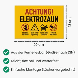 Caution Electric Fence Sign (20 x 13 cm - Set of 3 - Pre-Drilled) - Achtung Strom und Füttern verboten für jeden Weidezaun - kein Betreten für Stromzaun - Warnzeichen VDE 0667, VDE 0131, DIN EN 60335-2-76