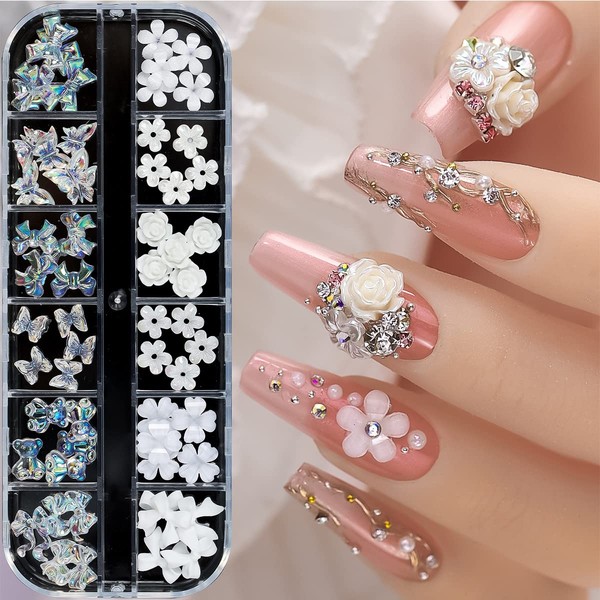 Flower Nail Art Charms Decoration 60pcs Glitter Butterfly Flower Nail Glitter Decals Stickers Design 3D White Flower Mixed Nail Flatback Butterfly Design Acrylic Nail Stud Jewelry for Women Nail Salon