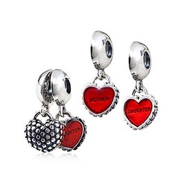 Hoobeads Mother Son Daughter Heart Pendant Charms Heart Love Mothers Day Charm Bead (Red-Daughter)