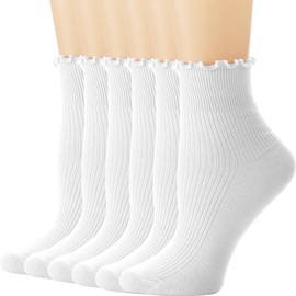 DRESHOW Ruffle Socks Women's Breathable Cotton Crew Knitted Socks Casual Ankle Socks for Women Girls Pack of 6, 6 Pairs Ankle Socks Set53-02