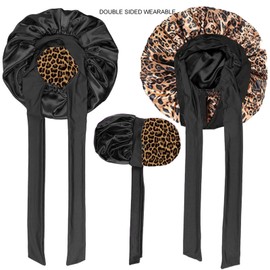 Double layer Sleep Cap with Hair Ties for Women Long Hair Bonnet for Curly Hair Waterproof Satin Hair Cap for Sleeping Extra Large Adjustable Satin Bonnet for Women