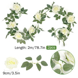Pack of 4 Artificial Rose Garland, 2.2 m Flower Garland, Roses Vine Silk Flowers, Hanging Artificial Flowers, Decoration, Fake Flowers with Green Leaves for Wedding, Party, Home, Garden Decoration (2
