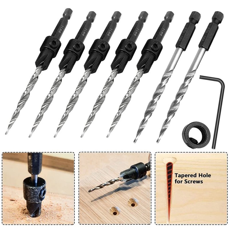Nvanvmm 5Pcs Wood Countersink Drill Bit Set with 2Pcs Counter