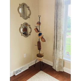 Boxwood and Mum Hanging Storage Basket Stand, Holder, Storage Rack Display Tree, Cloth or Hat Organizer Hanging Storage Farmhouse Style Rustic Home Decor (Rustic Heart)