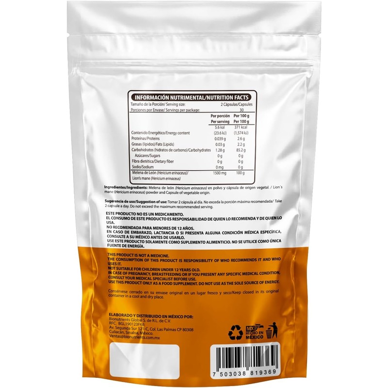 Wellthy Lion’s Mane 60 Cápsulas. Hongo Melena de Leon 750mg