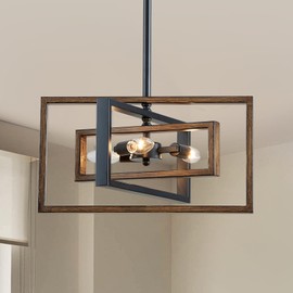 Majhoiw Farmhouse Chandelier for Dining Room 3-Light Black and Semi Flush Mount Ceiling Light Fixture for Bedroom Living Room Kitchen Island Hallway Wood Grain Finish