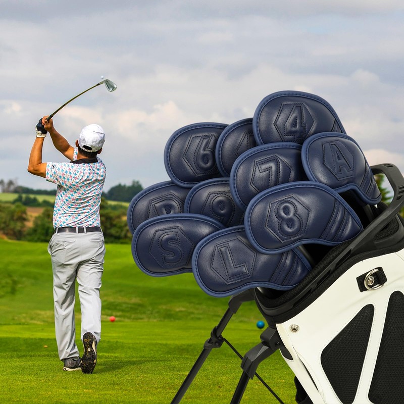 ゴルフアイアンカバー マグネット ウェッジカバー クラブヘッドカバー セット 10枚(4-9,P,A,S,L) 透かし番号 ダークブルー合成皮革