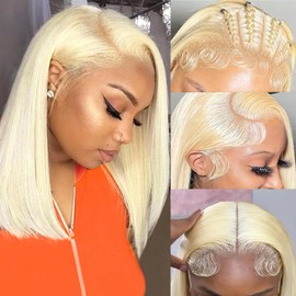 Bob Wig Human Hair 13x4 Lace Front Wigs Human Hair Pre Plucked with Baby Hair 150% Density Short Bob Wigs for Women Straight Bob Frontal Wigs Human Hair Natural Color (14, 613#)