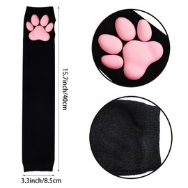 Cat Cosplay Costume, 3D Cat Paw Pad Gloves Mittens Faux Fur Cat Dog Ears Headbands with Bells for Women (Black, Long)