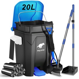 Uppcasir Dog Poop Trash Can Outside with Pooper Scooper and Metal Rake & Tray, 20L/5Gal Dog Waste Trash Can with Lid, Pedal and Removable Inner Waste Bin, Dog Poop Bin with 100 Bags, Blue