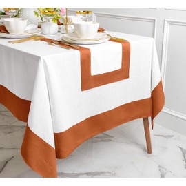 Solino Home Linen Tablecloth 60 x 90 Inch - 100% Pure Linen Cinnamon and White Tablecloth - Contempo, Machine Washable Rectangle Table Cloth for Wedding, Parties