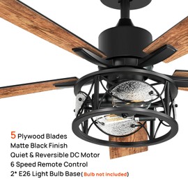 Consciot Ceiling Fan With Lights, 52'' Farmhouse Indoor Ceiling Fan With Remote, Quiet Reversible DC Motor, 5 Double Finish Wood Blades, Easy Install, Dimmable 2*E26 Bulbs(not included), Light Brown