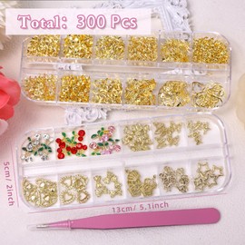 2 Boxes 300 Pcs Gold Nail Charms, Cherry Nail Charms, Bows Star Heart Crosses Butterfly Crown Nail Gold Charms, Multi Shapes Golden Nail Art Studs, Gold Nail Gems and Charms for Nail DIY Y2K Decor