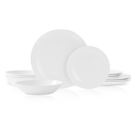 Bestone 12 Piece Round Kitchen Dinnerware Set,Plates and Bowls sets,Dishes, Plates, Bowls, Dish Set，Plates and Bowls,Service for 4, Chip Resistant Porcelain，White