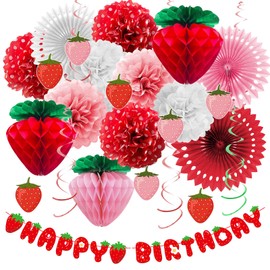 Lasocy Strawberry Birthday Decorations Happy Birthday Banner berry first birthday decor Tissue Pom Poms Red Pink Fans Hanging Swirls honeycomb ball Party Supplies Strawberry Shortcake Party Decor