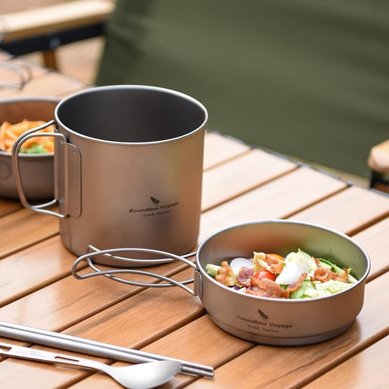 Boundless Voyage Titanium Pot Pan Set with Folding Handles Outdoor