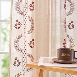 jinchan Linen Curtains for Bedroom Floral Curtains 63 Inch Length Linen Blend Burgundy Red Embroidered Drapes Farmhouse Flower Patterned Drapes for Living Room Window Treatments Set 2 Panels