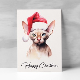 Postcard Prints - Cat Christmas Card Featuring A Sphynx Cat Wearing a Santa Hat Fun Christmas Card For Him or Her Christmas Card For Anyone Christmas Card