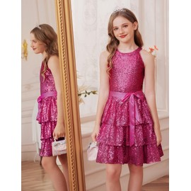 Girls Party Special Occasion Birthday Fancy Dress Size 5-6 Kids Formal Hot Pink Halter Neck Layer Dance Sequin Dresses