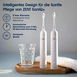 ZENT SoniQ+ Schallzahnbürste mit 60° Drehbewegung, 5 Betriebsmodi, für empfindliche Zähne, Hohe Wasserdichtigkeit IPX7, Induktionsladegerät inklusive, Weiß