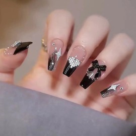 YINKE Nail Tips, Long, 24 Pieces, Black, Coming of Age Ceremony, Unique Design, Trapezoid Style, Black Dark Night, Starry Sky, Women's, Stylish, Advanced, Nail Wrap (Black Glitter Heart)
