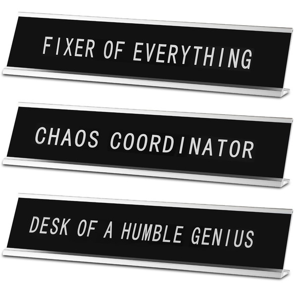 Suzile 3 Pcs Chaos Coordinator Fixer of Everything Desk of a Humble Genius Funny Desk Signs with Black Base Novelty Nameplate Funny Office Decor Desk Plaque for Coworker Gift 10 x 2" (White Silver)