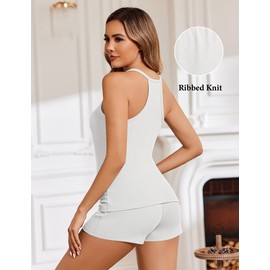 Ekouaer Women's Cami Pajamas Set Racerback Tank Tops Pjs Ribbed Knit V Neck Summer Lounge Sets with Shorts Sleepwear,M White