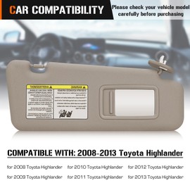 Sun Visor with Light for 2008-2013 Toyota Highlander, Right Passenger Side Beige Sunvisor Replacement 74320-0E050-B0