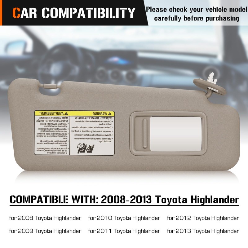 Sun Visor with Light for 2008-2013 Toyota Highlander, Right Passenger