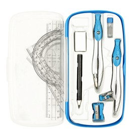 Lifreer Compass for Geometry set,10 Pcs Student Geometry Set Includes Storage Box, Rulers, Protractor, Compass, Eraser, Sharpener, Lead Refills, Pencil for Drafting and Drawings（Blue）