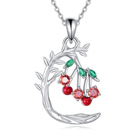 YFN Cherry Necklace Sterling Silver Cherry Tree Pendant Necklace Cherry Jewellery for Women Red Cherry Gifts, Sterling Silver, No Gemstone