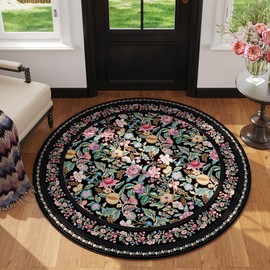 Vowkten Round Rug 4ft Washable Circle Rug Non Slip Low Pile Vintage Floral Small Circular Rug for Bedroom, Bathroom, Entryway, Kids Room, Office, Black