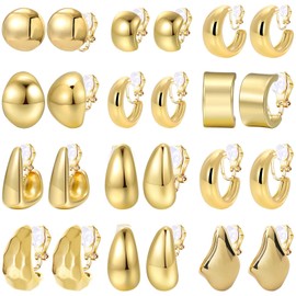 NEWITIN 12 Pairs Gold Clip On Hoop Earrings for Women Retro Clip on Earrings Multiple Chunky Hoop Earrings No Piercing Fake Earrings Clip On Earrings for Women