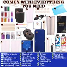 Alloytop Cup Turner Kit with Epoxy Resin kit for Beginner - Stainless Steel Turners Tumblers Machine Tool Art DIY Supplies Glitters Silicone Pads Brush Spinner Clear Foams Plastic Cups Wooden Sticks