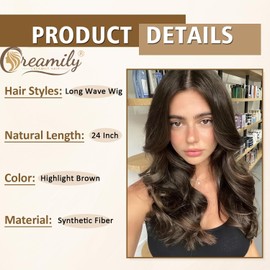 Creamily Long Wavy Brown Wigs for Women Middle Part Wavy Curly Wig Glueless Natural Looking Synthetic Brown Hair Wigs for Daily Party Use 26"