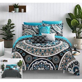 Chic Home Black Reversible Bed in a Bag Comforter Set, Queen Size (10 Pieces), Mornington - Boho Paisley Microfiber Bedding - Comforter, Pillow Shams, Fitted Bed Sheet, Flat Sheet and Decorative Pillow