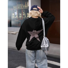 Soamat Womens Leopard Star Hoodies Oversized Y2k Sweatshirt Casual Long Sleeve Fleece Streetwear Aesthetic Pullover Tops,Black,Medium