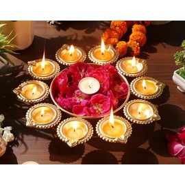 R Ayurveda Copper Metal Decorative Metal Diya Traditional Diya Urli Tealight Holder Golden Bowl for Floating Flowers Home,Office Wedding Decor Size 12 inches