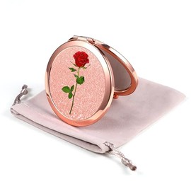 Dynippy Compact Mirror Rose Gold Makeup Mirror Folding Mini Pocket Mirror Portable Hand Mirror Double-Sided 2 x 1x Magnification for Woman Girls A-Red Rose