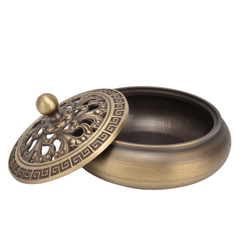 Antique Incense Burner Brass Holder with Lid Fireproof Cotton Interior